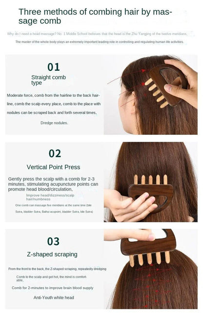 Solid Wood Meridian Brush Five Teeth Scalp Massage Scraping Acupuncture Therapy