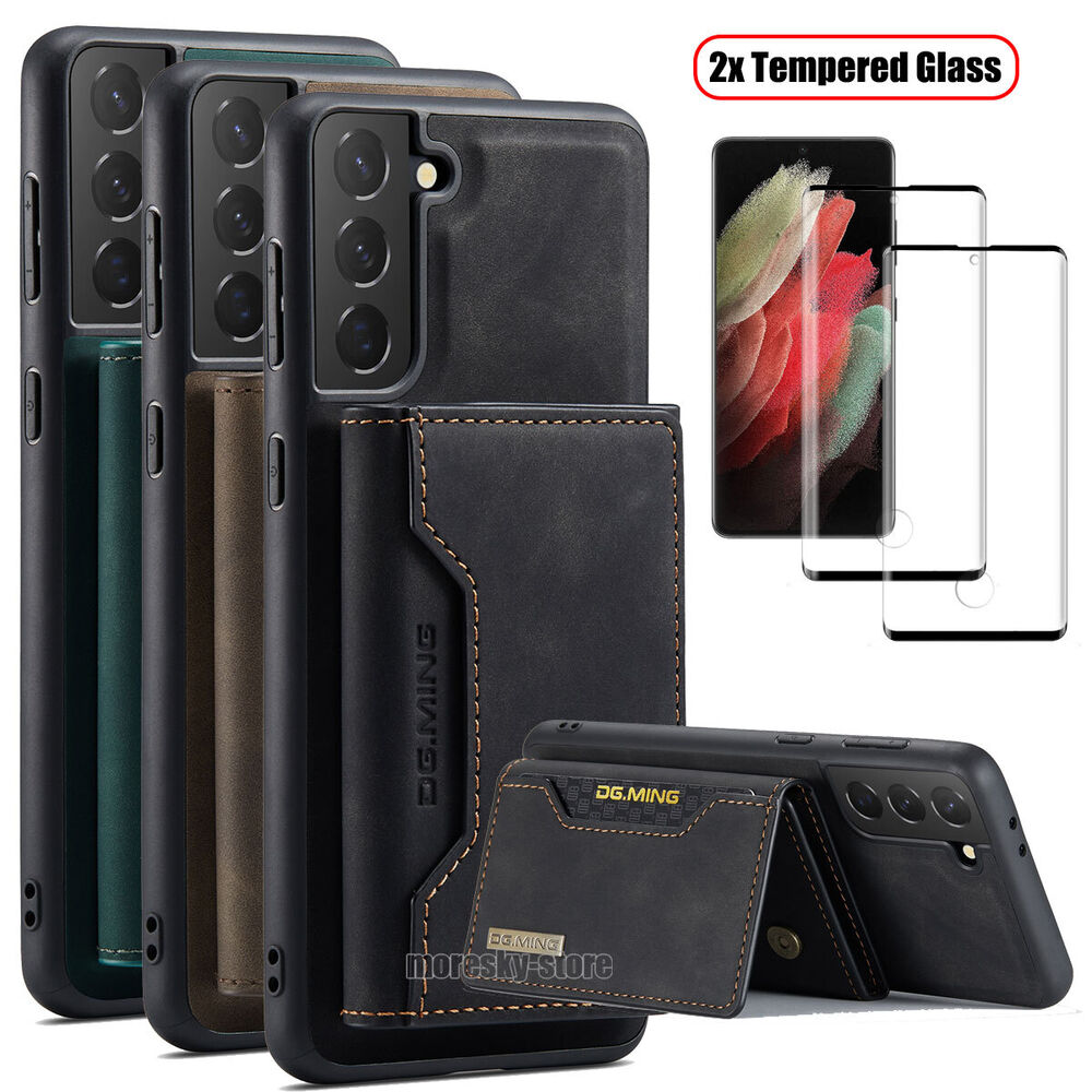For Samsung Galaxy S21 Ultra FE + 5G Leather Case Cover Holder Tempered Glass