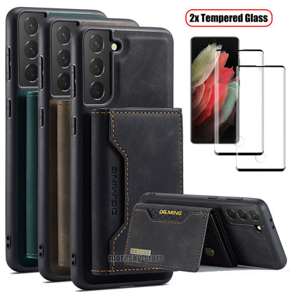 For Samsung Galaxy S21 Ultra FE + 5G Leather Case Cover Holder Tempered Glass