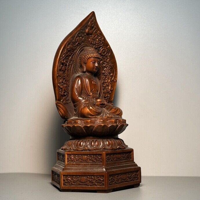 Vintage Chinese Antique Wooden Carving Medicine Buddha Statue Wood Sculpture Art