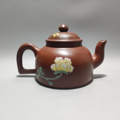 Vintage Chinese Yixing Purple Clay Teapot Zisha Ceremony Painted Peony Teaware