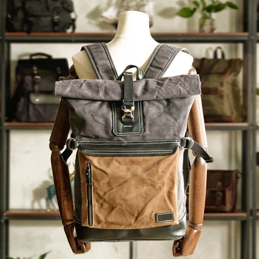 Retro Canvas Backpack Large-capacity Travel Bag Computer Bag Stitching Leather