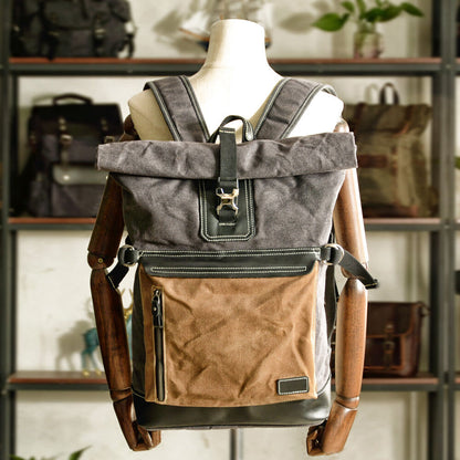 Retro Canvas Backpack Large-capacity Travel Bag Computer Bag Stitching Leather