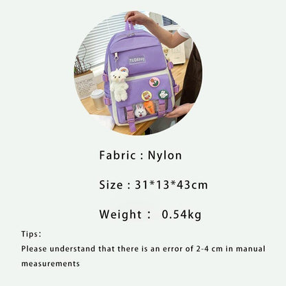 4 Pcs Sets Women Bag Women Backpack Book Bags Female with Plush Pendant