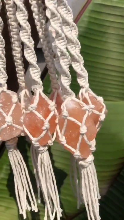 Macrame Wall Hanging Himalayan Salt Rock Raw Rose Quartz Stone Car Home Ornament