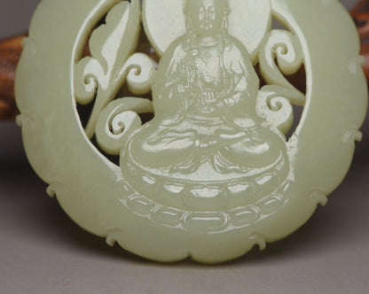 Chinese Natural Hetian Jade Carved Kwan Yin Statue Good Luck Pendant Jewelry Art