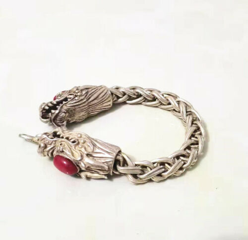 Collectible Ruby Tibet Silver Bangle Handwork Auspicious Dragon Bracelet