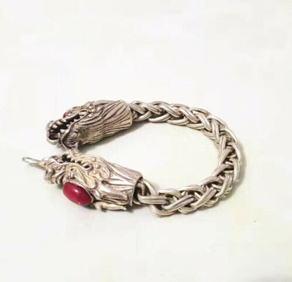 Collectible Ruby Tibet Silver Bangle Handwork Auspicious Dragon Bracelet