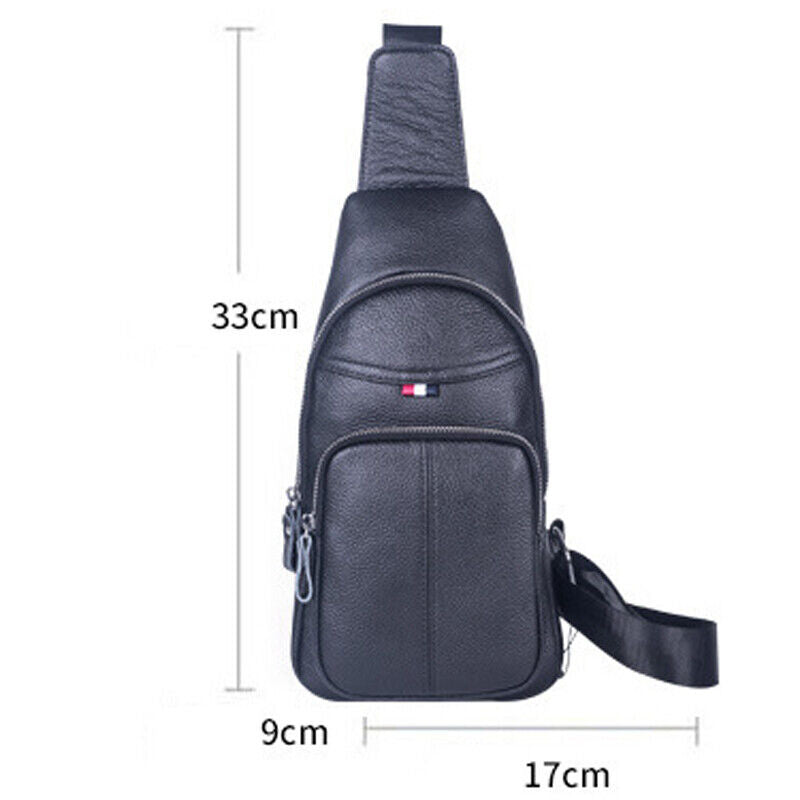 Black Sling Backpack Men's Genuine Leather Crossbody Chest Bags Casual Daypack