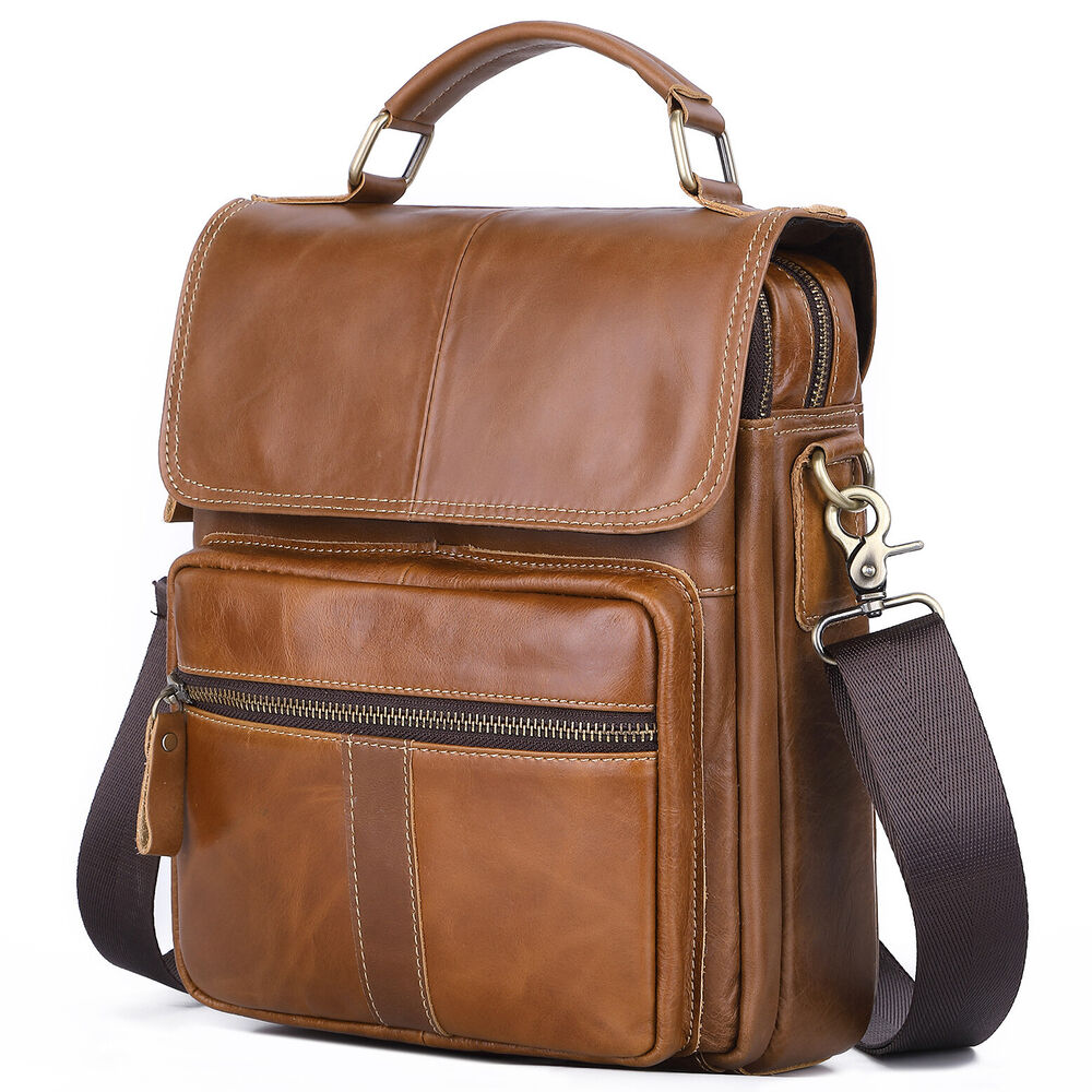 100% Genuine Leather Men's Sling Shoulder/Messenger Bag Double Zipper 8" Handbag