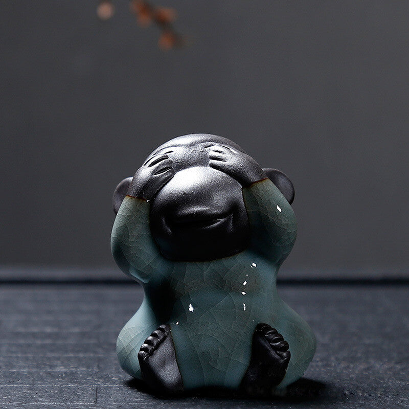 Porcelain Pottery "Four Wise Monkeys" Hear Talk Not Evil Ceramic Statue -