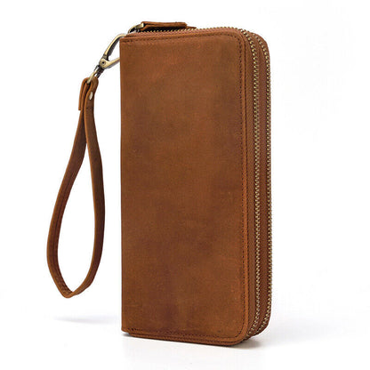 Top-Grain Leather Men's Clutch Bag, Double Zipper Long Wallets Retro Handbags