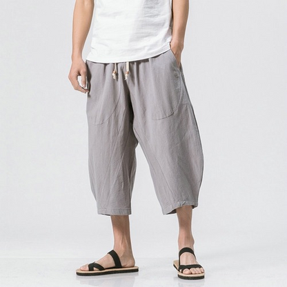 Man Cotton Linen Leg Pants Loose Calf-Length Pants Bloomer Summer Baggy Trousers