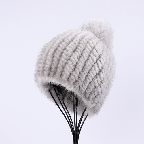 Real Mink Fur Hat Women Knitted Beanie Cap with Fur Pom Poms Thick Cap Elastic