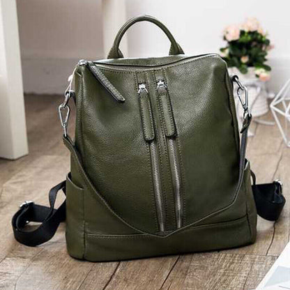 100% Genuine Leather Double Zipper Women's Backpack Travel Rucksack College Bag