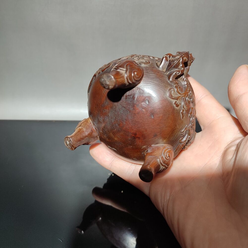 vintage Boxwood Chinese Brown Tripod Censer buddha incense holder dragon statue