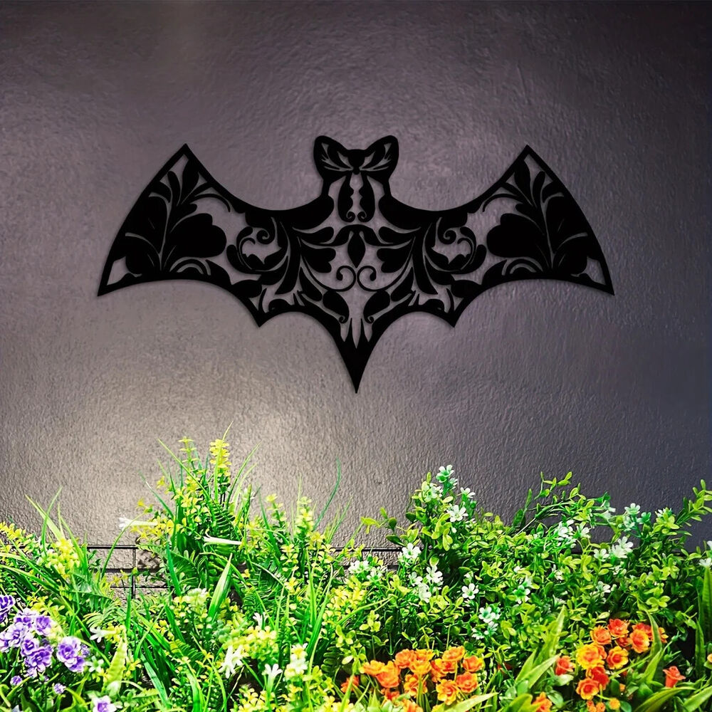 Floral Bat Metal Wall Art, Flower Black Metal Art Sign Decorations