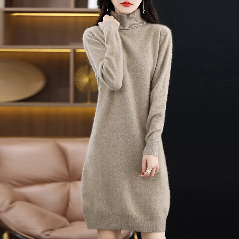 Women's High Back Collar Long Sweater Casual Long Sleeve Dress
