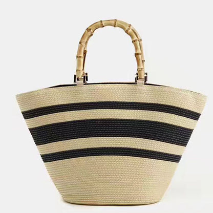 Fashion Bag Shoulder Striped Straw Bamboo Handle Handbag Woven Bags Purse Hasp