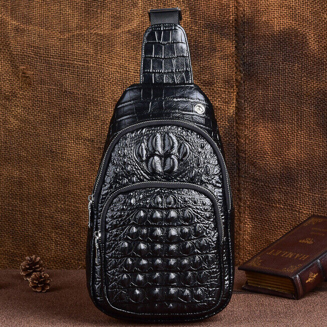 Sling Backpack Men's Genuine Leather Crocodile Crossbody Chest Bag Sport Daypack
