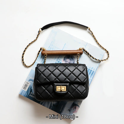 Small Mini Quilted Lambskin Leather Wood Handle Bag Flap Shoulder Purse w/ Chain