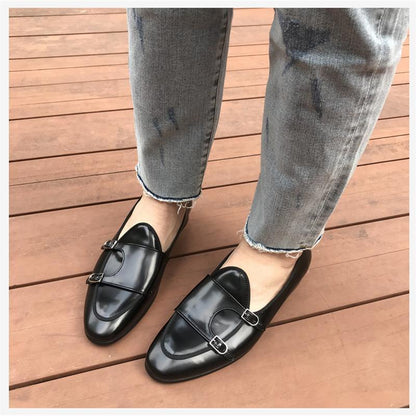 Men Loafers Leather Round Toe Low Heel Double Buckle Business Dress Shoes