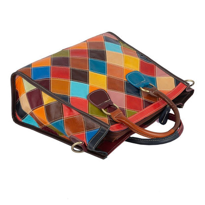 Genuine Cowhide Leather Colorful (random) Patchwork Handbag Women Tote Crossbody