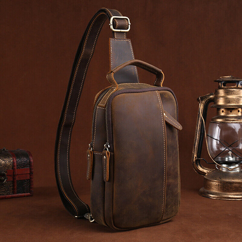 Mens Coffee Vintage Crossbody Bag Cowhide Crazy Horse Leather Sling Shoulder Bag