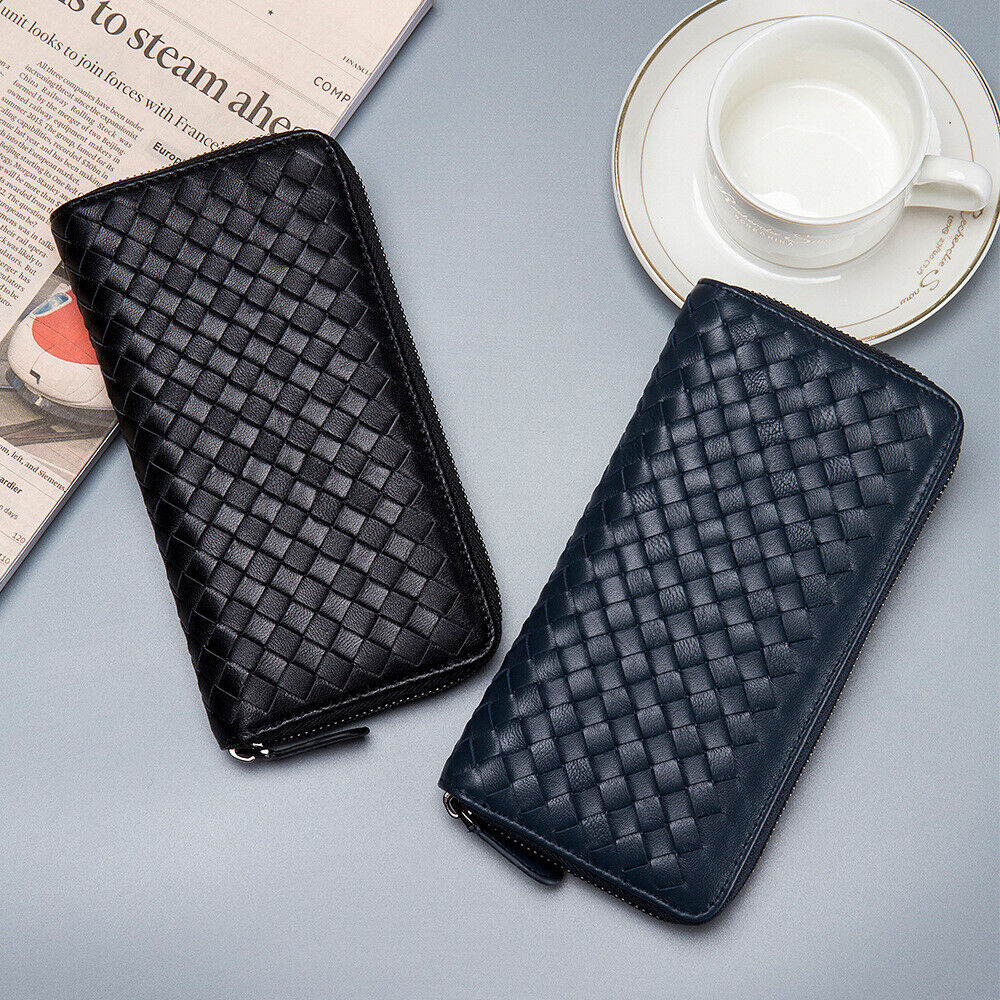 Sheepskin Leather Clutch Wallets Men's Zipper Long Weaving Bag Card/Phone Holder