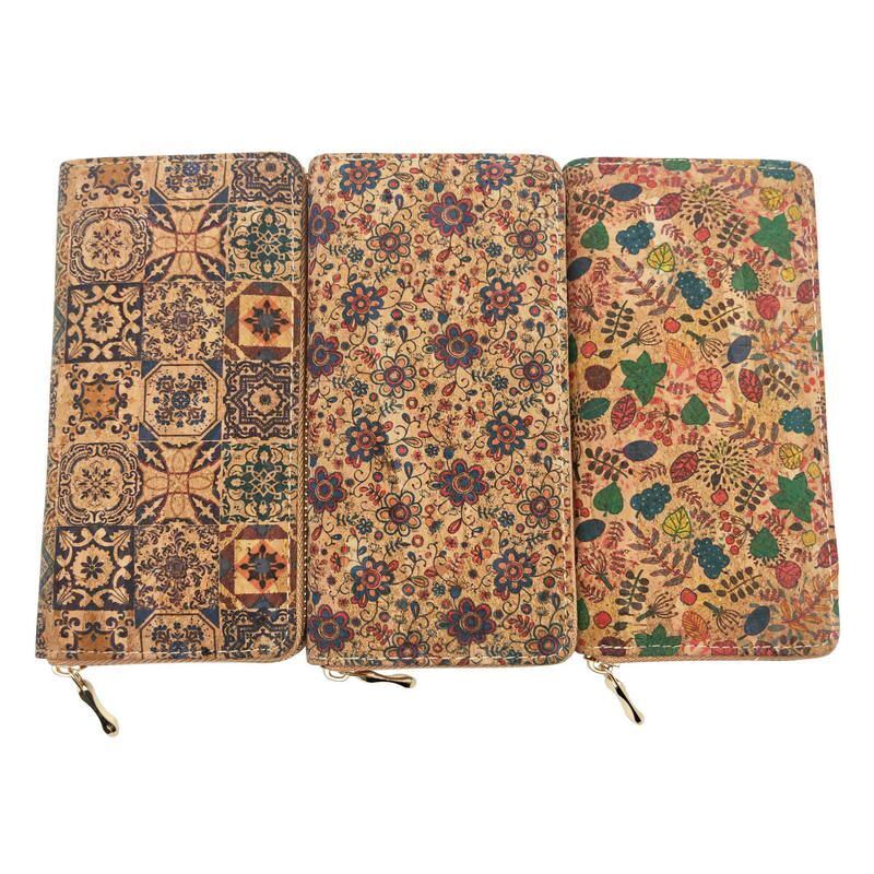 Tile Pattern Print Natural Cork Wallet Leather Long Purse Zipper Card Holder 1PC