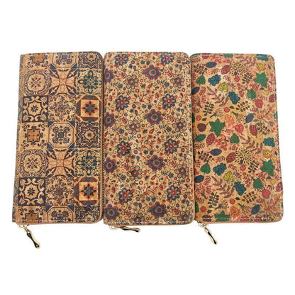 Tile Pattern Print Natural Cork Wallet Leather Long Purse Zipper Card Holder 1PC