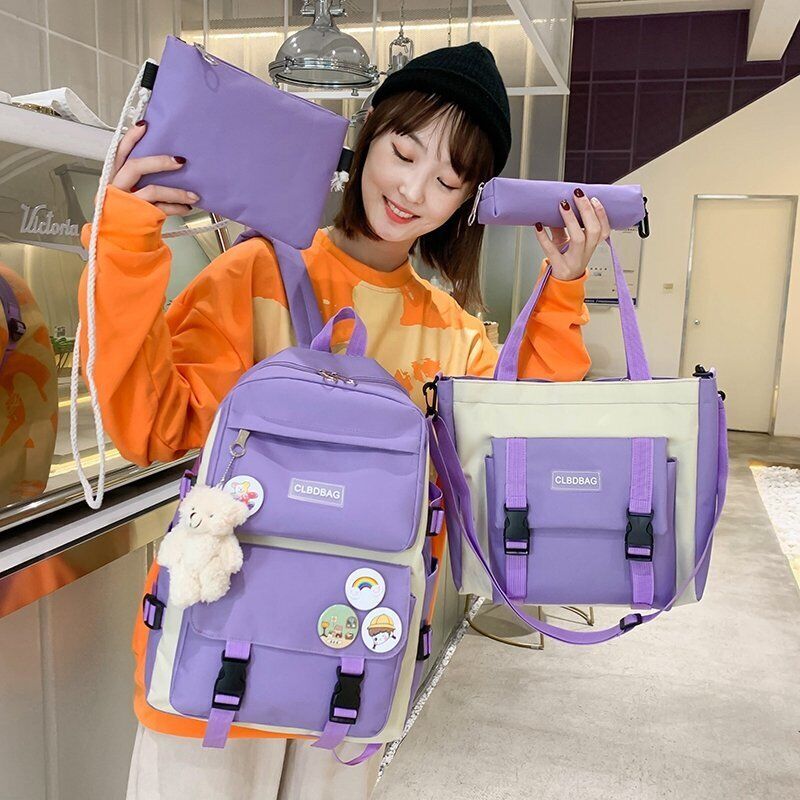 4 Pcs Set Women Backpack Laptop School Bags College Student Book Bag Rucksack