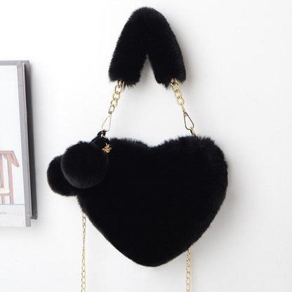 Faux Fur Winter Handbag Heart Shape Shoulder Bag Clutch Purse Chain Velvet Pouch