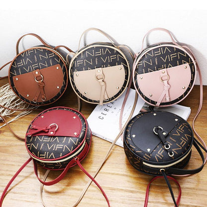 1PC Vintage Round Crossbody Bag Synthetic Leather Shoulder Purse Small Handbags