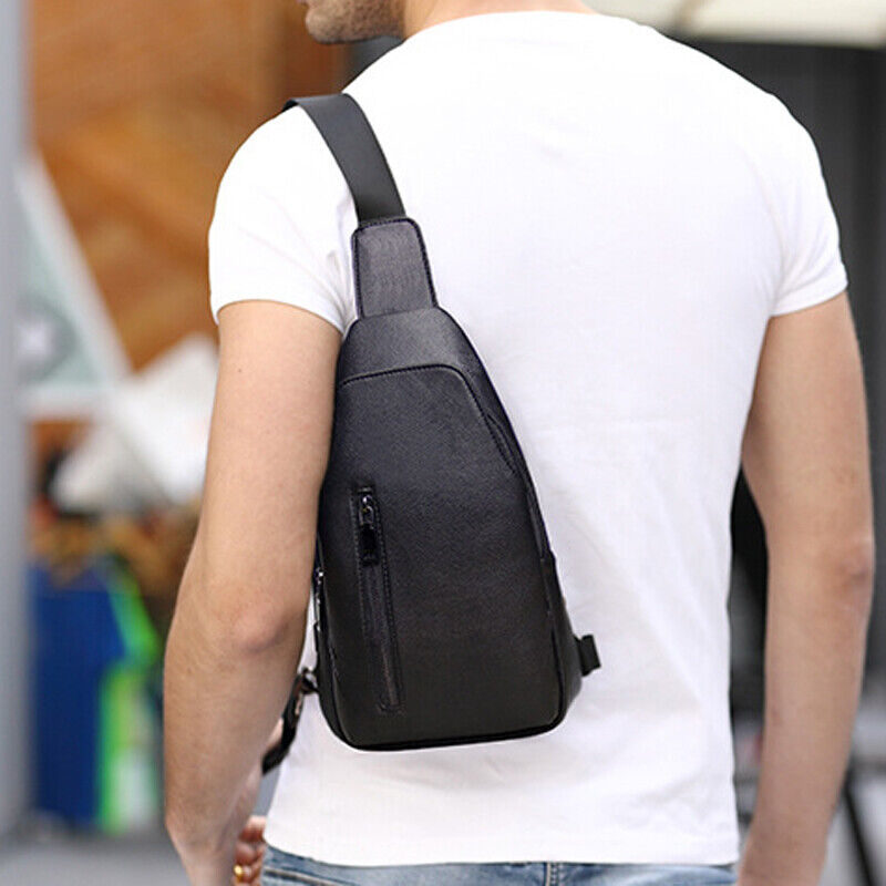 Black Sling Backpack Mens Genuine Leather Crossbody Chest Bag Sling Shoulder Bag