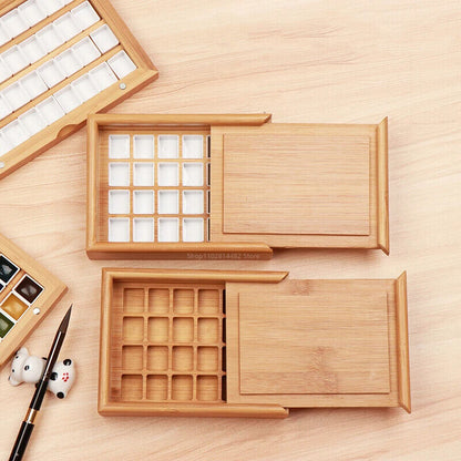 Watercolor Paint Box 24-36Cells Wooden Empty Push-Pull Flip Painting Palette Kit