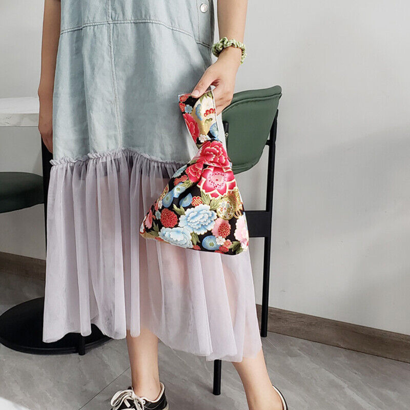 Japanese Flower Pattern Knotted Wrist Bag Phone Bag Canvas Tote Purse Key Pouch