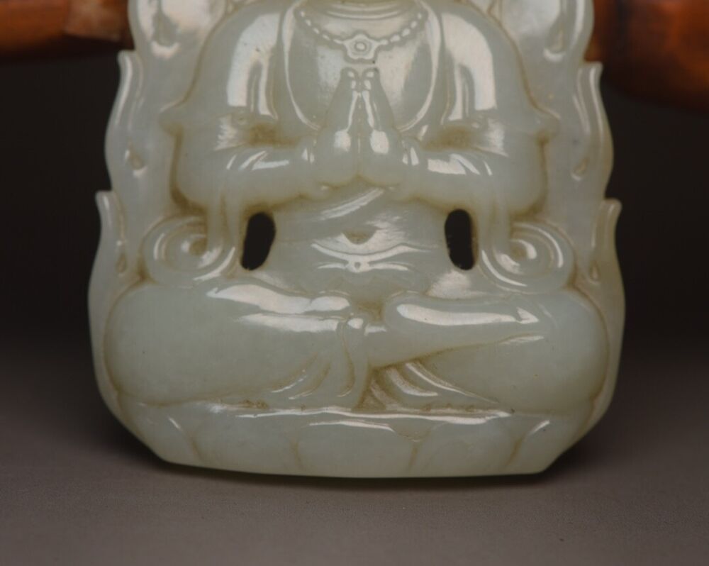 Chinese Antique Hetian Jade Carved Kwan Yin Statue Good Luck Pendant Jewelry Art