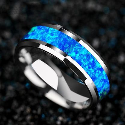 2023 New Luxury 8mm Tungsten Steel Ring Inlaid Blue Opal Wedding Ring Men's Neve