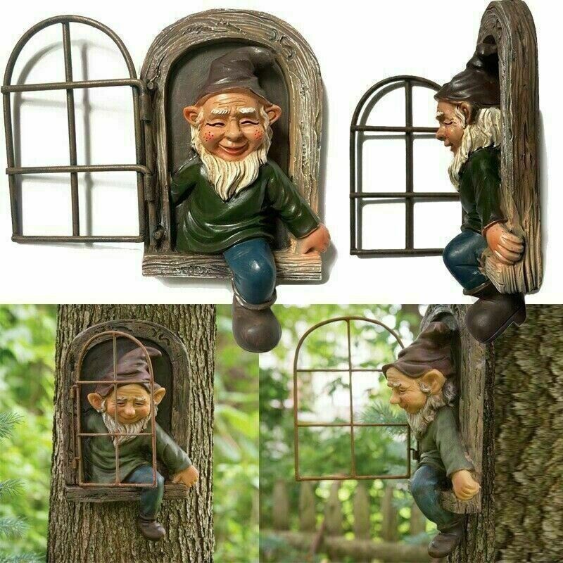 Elf Out The Door/Window Tree Hugger Naughty Garden Gnome Statue Tree Decorations-