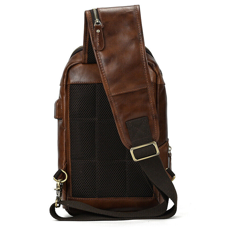 Men Real Leather USB Charging Sling Bag Chest Single Strap Backpack Shoulder Bag