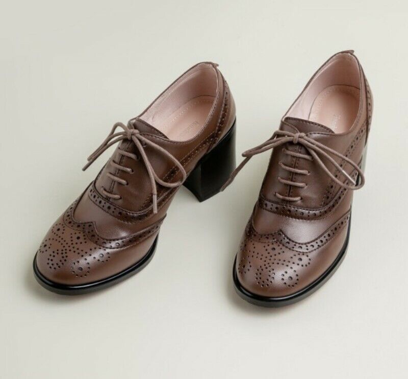 Womens Lace Up Round Toe Pumps Brogue Wing Tip Oxford College Style Casual Shoes