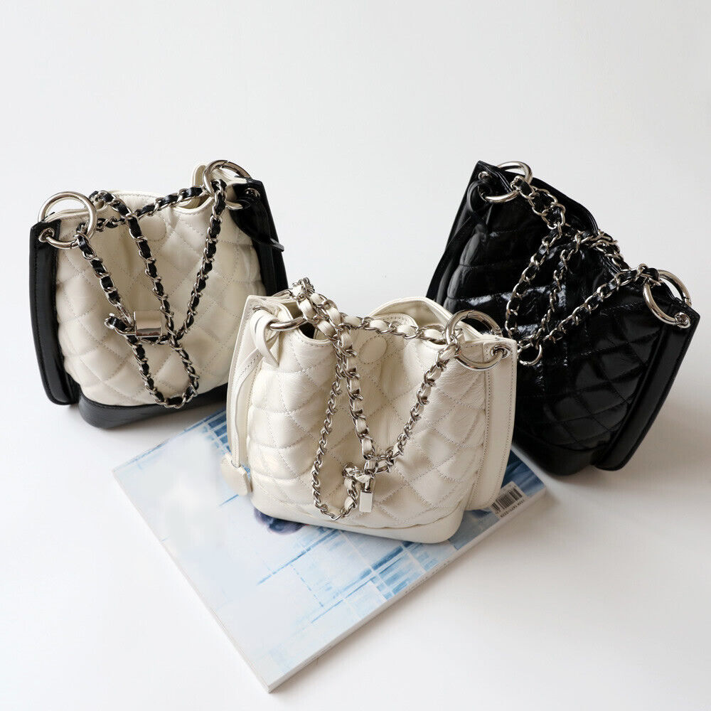 Small Quilted Real Leather Bucket Shoulder Bag Tote Purse Handbag Fashion Chains