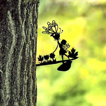 Mushroom Fairy On Branch Steel Silhouette Metal Wall Art Home Garden Yard