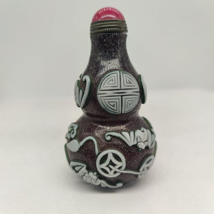 Chinese Beijing Carved Bat Exquisite Snuff Bottle Glass Box Overlay Snuffbox Art