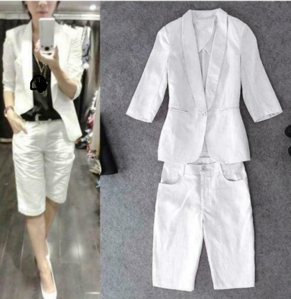 2PCS Womans Dress Work Blazers Jacket Cotton Linen Short Pants S-2XL Suit Summer