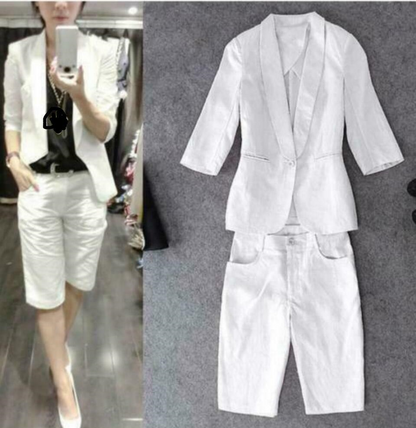 2PCS Womans Dress Work Blazers Jacket Cotton Linen Short Pants S-2XL Suit Summer
