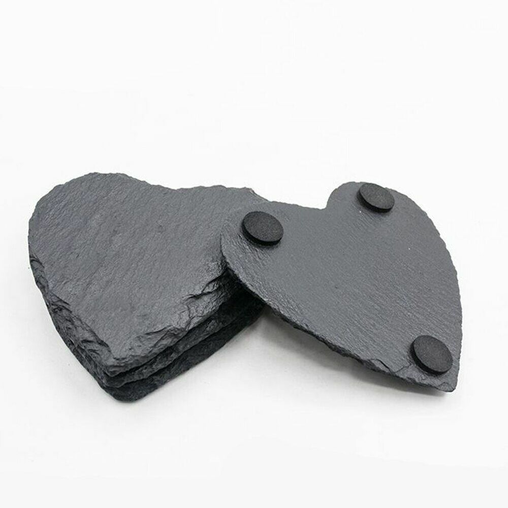 4Pcs/Set Heart Shape Cups Mats 10x10x0.4cm Slate Black Drinks Beverages Coasters