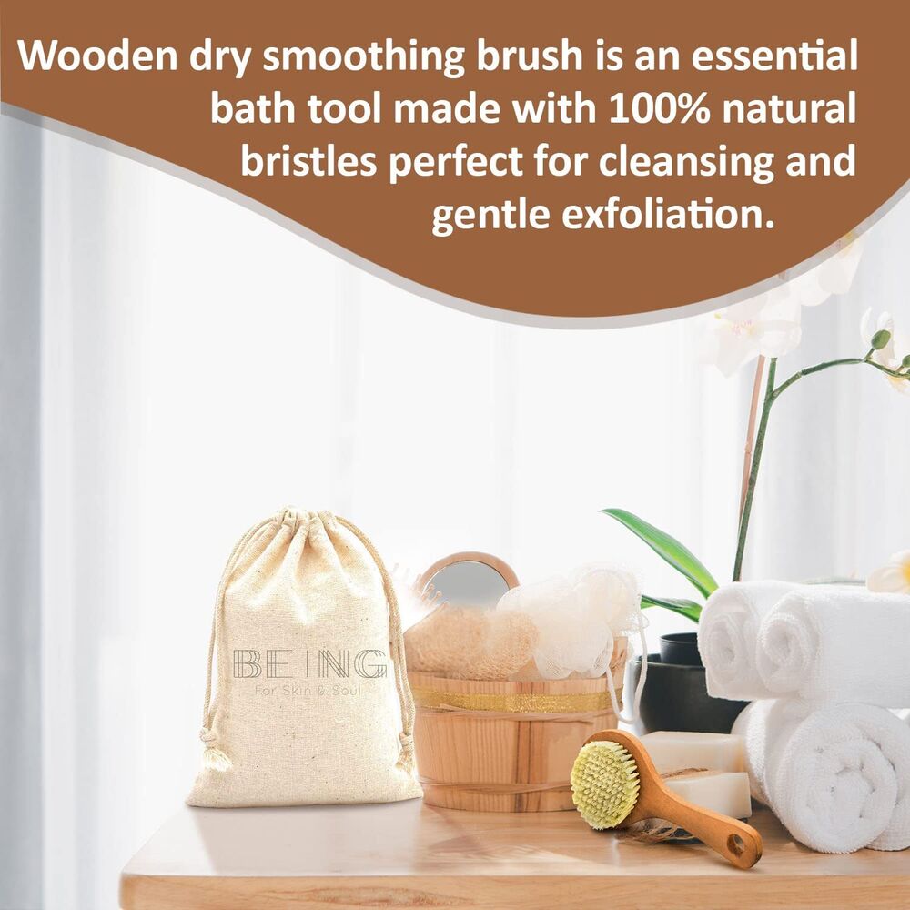 Vegan Dry Brushing Body Brush with Traval Bag Natural Bristles & Wooden Handle