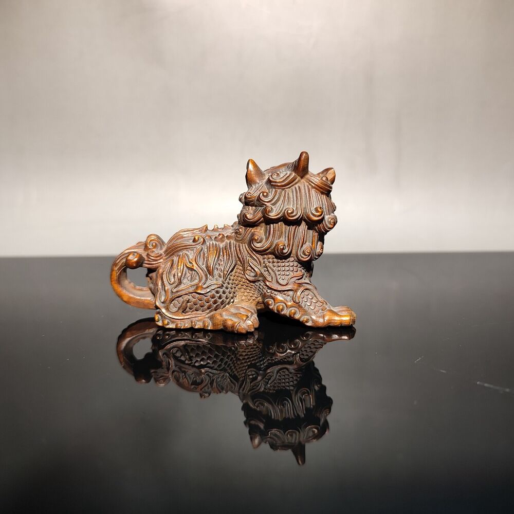 Chinese Boxwood hand carved wooden kylin statue decor statue unicorn dragon mini